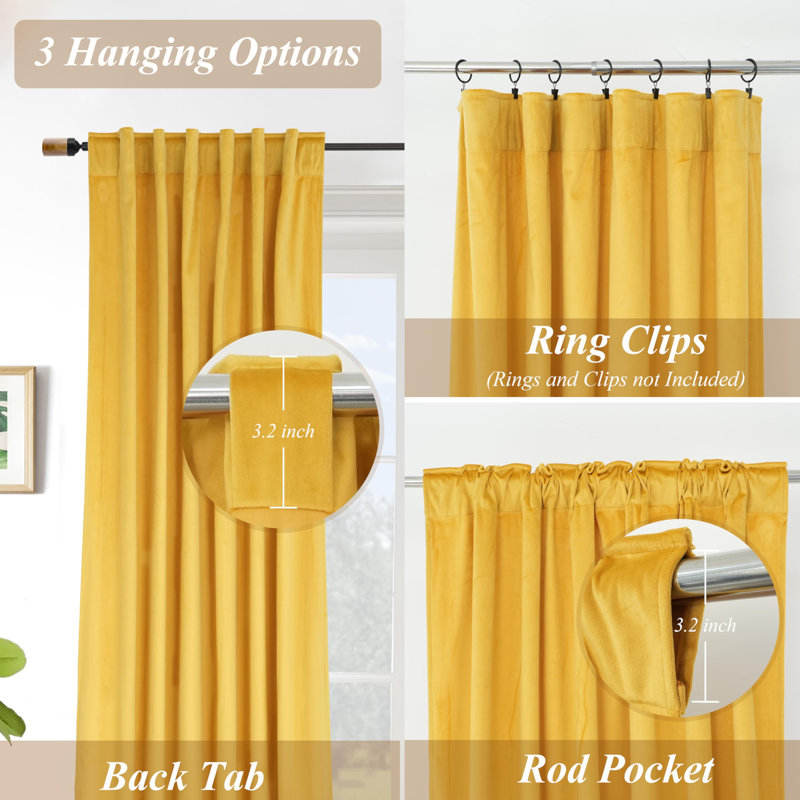 Dessy Velvet  Curtains 2 Panel Set Super Soft luxury Rod Pocket Back Tab Curtains, Yellow, 52" W x 108" L