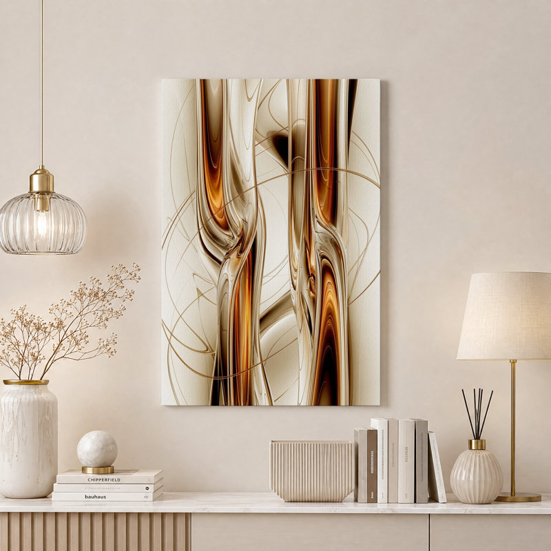 Toile murale représentant des formes fluides abstraites en bronze et en or, H 30 po x l 20 po