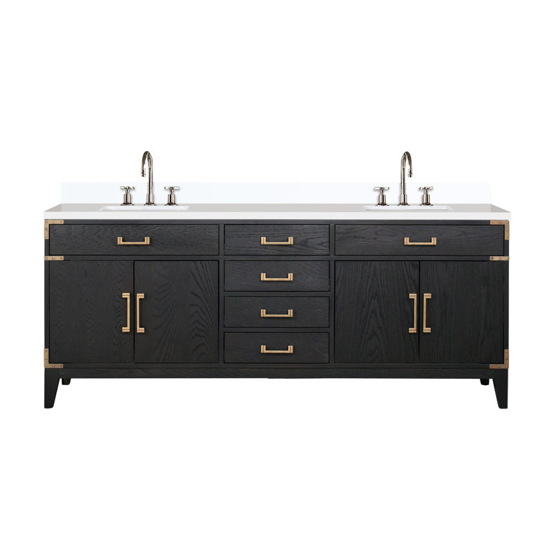 Meuble-lavabo double en chêne noir 80 po X P 22 po D, dessus en quartz blanc et ensemble de robinet, Noir