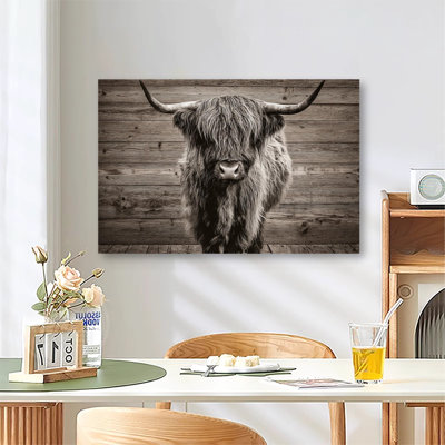 Vintage Sepia Farmhouse Art Of Highland Longhorn Cattle, Large Gallery Wrapped Canvas Wall Art Print for Living Room & Bedroom