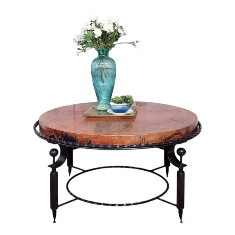38" Round Copper Coffee Table – Hand-hammered Copper Top & Iron Base – Rustic Living Room Centerpiece