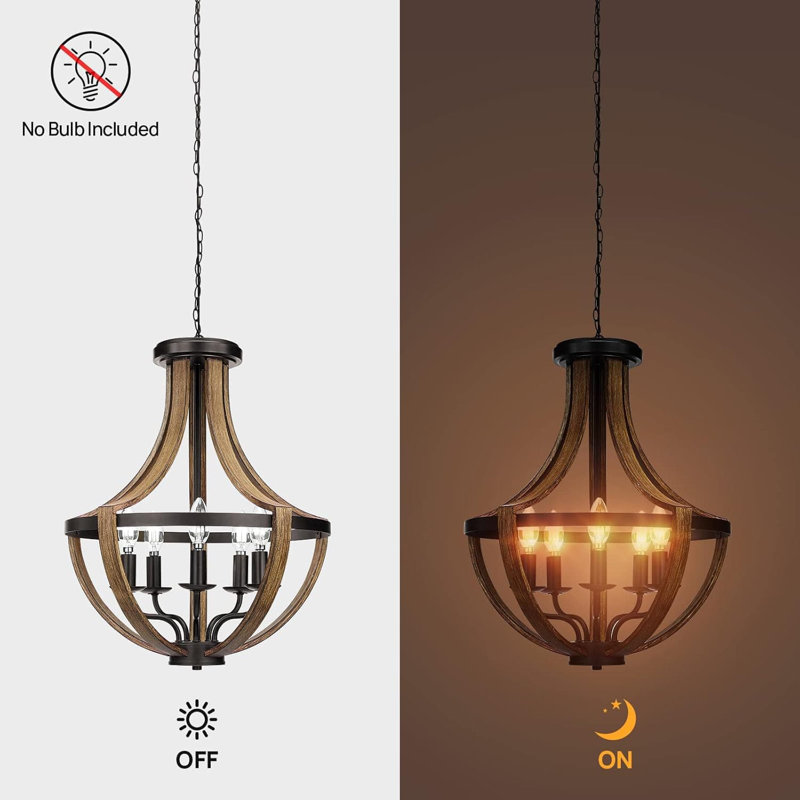 17.7" Rustic Black and Wood Grain 5-Light Chandelier