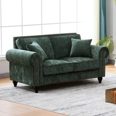 Canapé moderne de 63 pouces (160 cm) avec accoudoirs arrondis, revêtement en chenille, mousse haute densité, toucher velours doux, pieds en bois massif, forme incurvée, garniture cloutée, assise mi-ferme, convient parfaitement aux espaces de vie. Mousse de 63 pouces (160 cm).