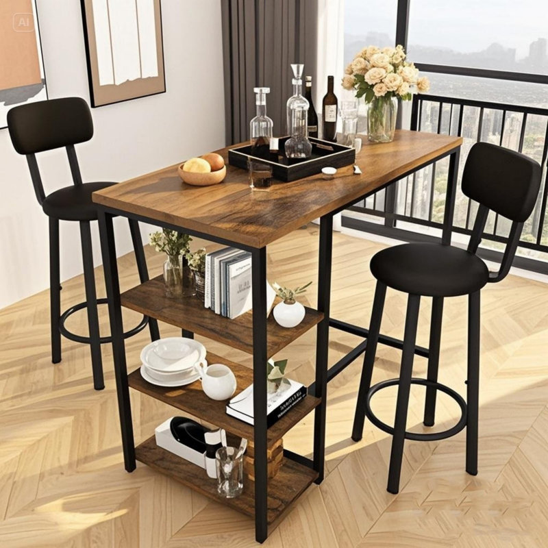 Bar Table Set For 2, 3 Piece Bar Table Set, Bar Table And Chairs Set With PU Upholstery Stool And 3 Open Storage Shelves, Pub Table Set For Kitchen, Brown