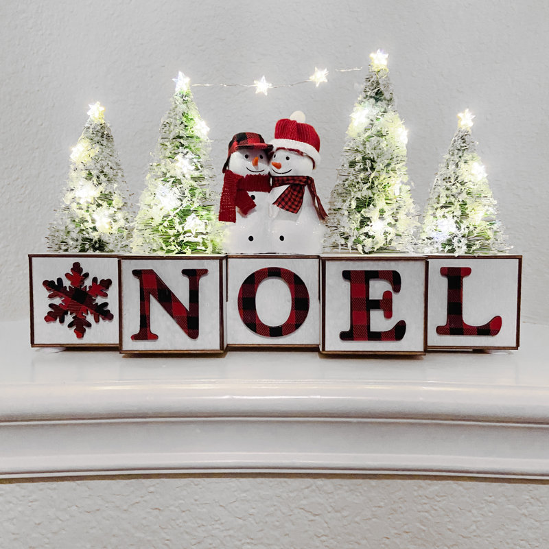 Rustic Winter Noel Wood Blocks with LED Lights