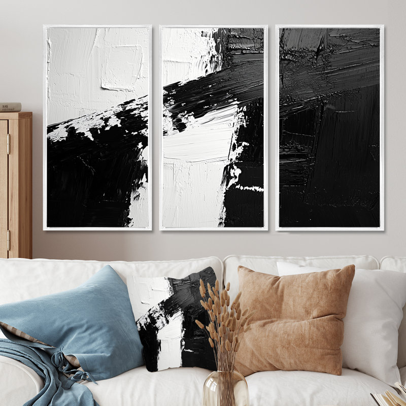 Monochromatique dérive des ombres dans le noir III - art mural transitionnel - ensemble de 3, H 32 po x l 48 po, Blanc