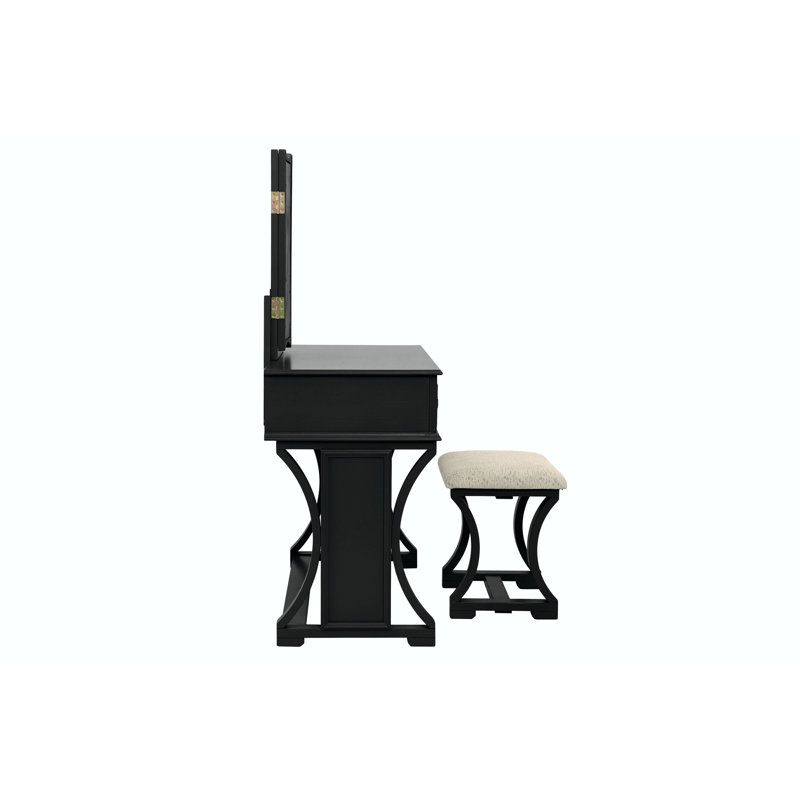 Unique Modern Bedroom Vanity Set W Stool Foldable Mirror Drawers Black Color Mdf Veneer 1Pc Vanity Set, Black