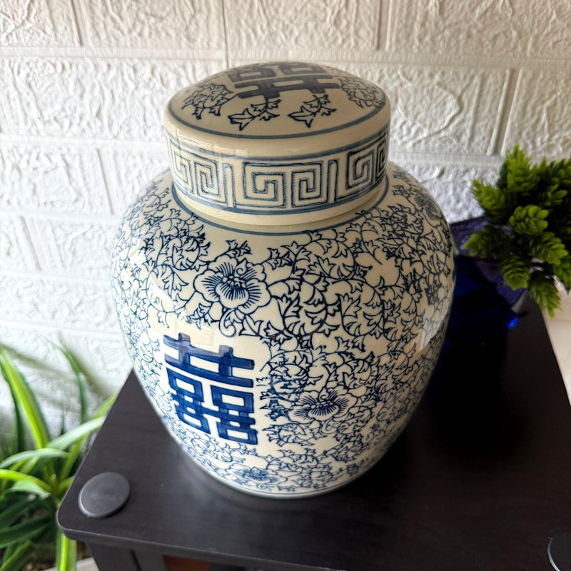 Pot à gingembre asiatique en porcelaine bleue et blanche Double Happiness, 9,5 pouces de hauteur