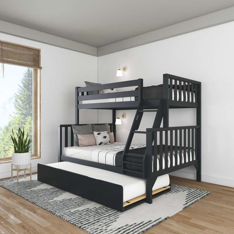 Brubaker Single Over Double Solid Wood Bunk Bed with Trundle Bed, Noir, Twin over Full