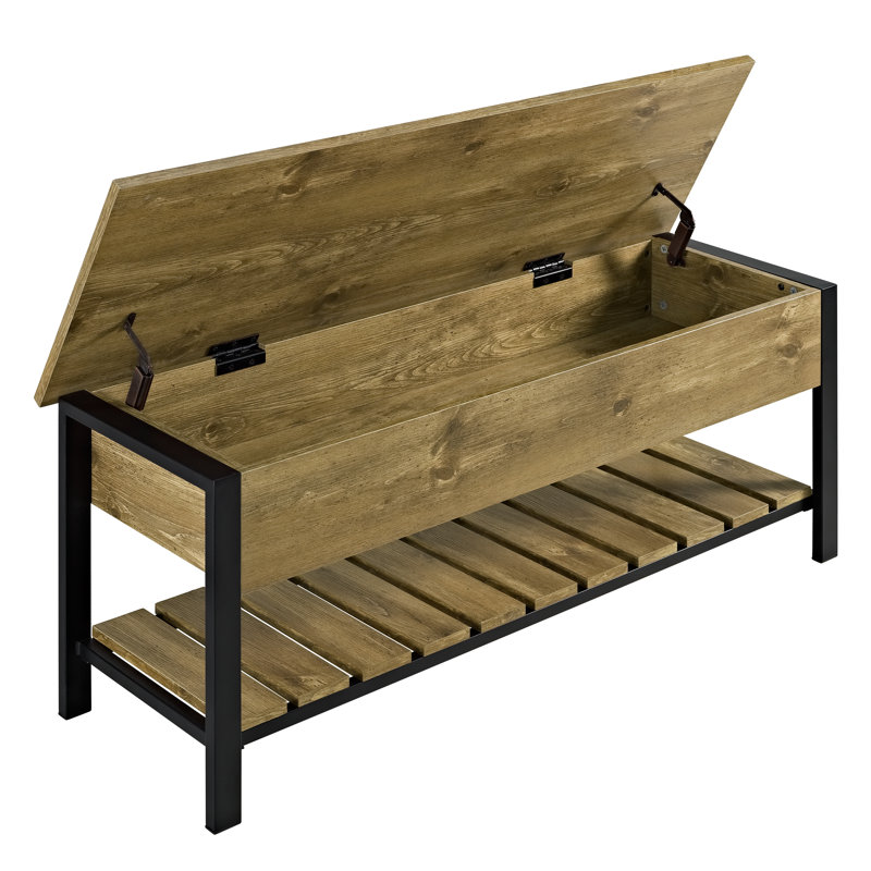Banc de rangement à plateau rabattable avec tablette inférieure Raland, Bois de grange