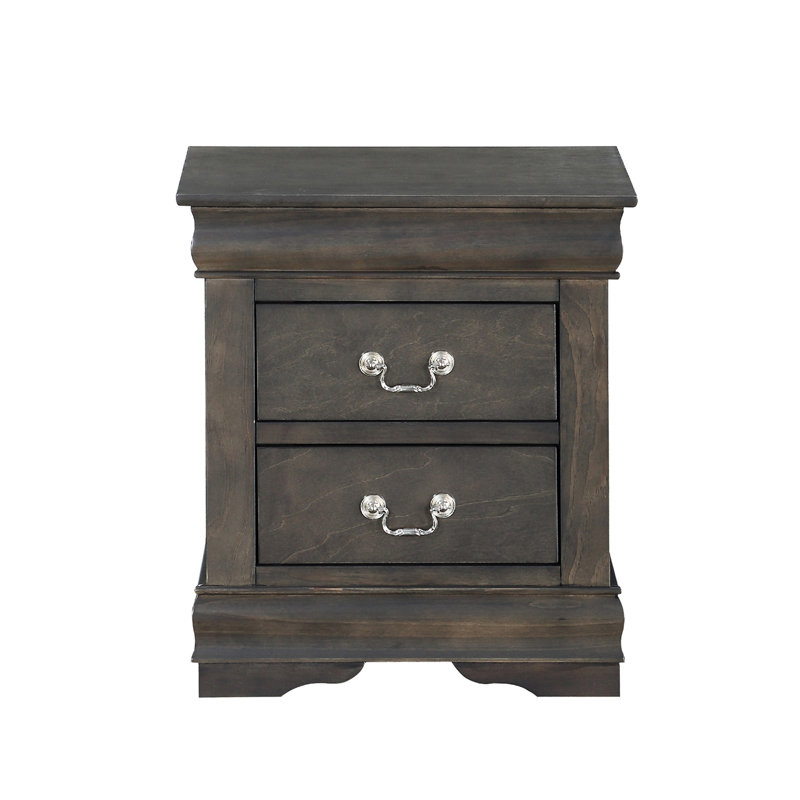 Table de chevet en pin massif 2 gris foncé pour chambre à coucher, avec ornements en métal gris, 2 tiroirs et quincaillerie pour chambre à coucher