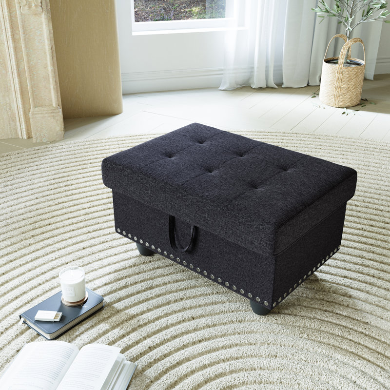 Repose-pieds de rangement rembourré de 28,5 po de largeur Yeni, Lin noir