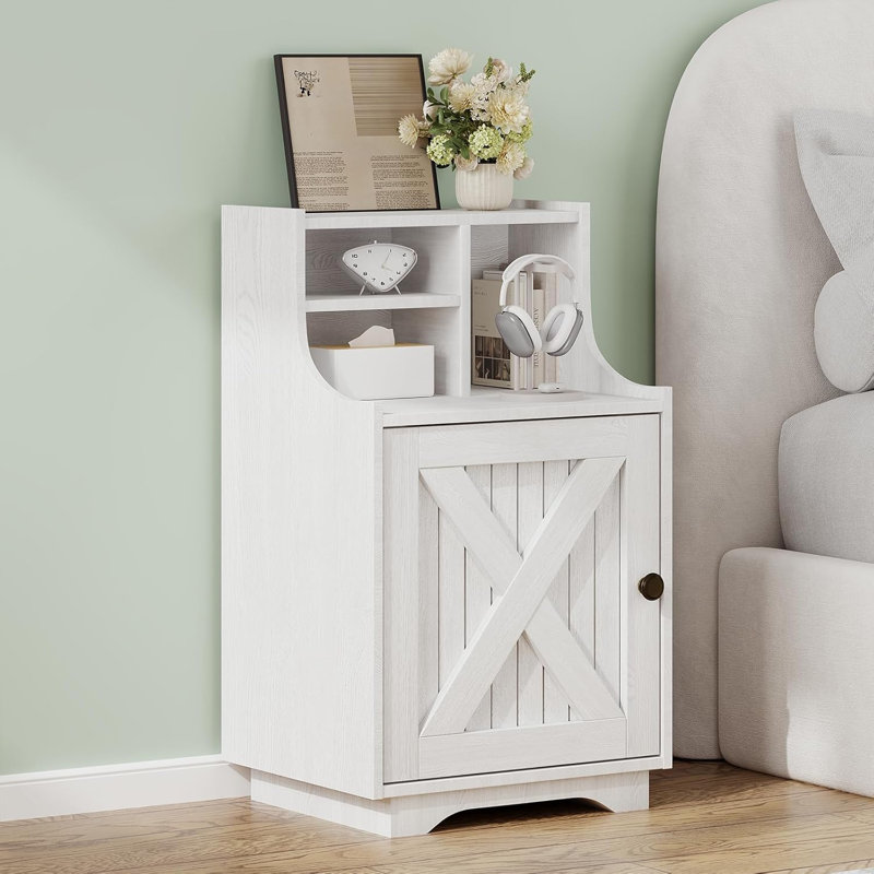 Farmhouse Nightstand, Night Stand with Hutch and Storage, Tall Bedside Table End Table for Bedroom Living Room Sofa Office