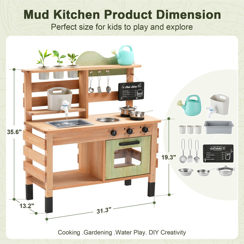 Outdoor Play Kitchen for Kids | Wooden Mud Kitchen Set with Removable Sink, Planting Area, Oven, Stove, Dual-Sided Chalkboard & Storage | Backyard Pretend Toy | Ages 3+