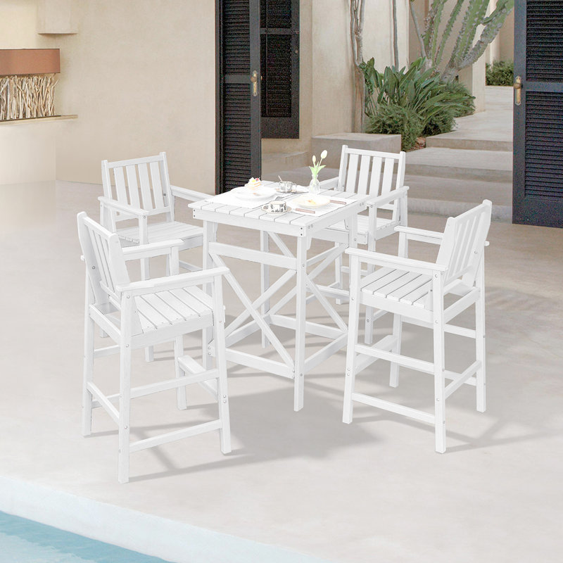 5 Pieces Adirondack Bar Chairs Set, HDPE Patio Bar Height Table And Chairs, Tall Adirondack Outdoor Bar Stools Set, HDPE Patio Bar Table Sets Furniture For Poolside, Balcony, Garden