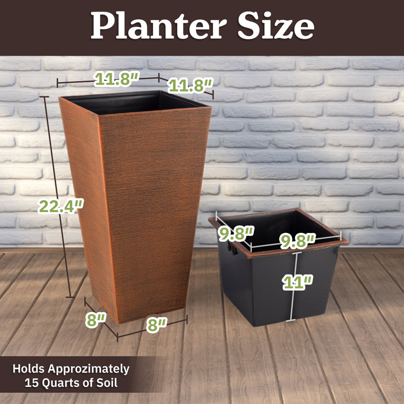Grandes jardinières d'extérieur en paquet de 2 - Jardinières hautes de 22,4 pouces pour plantes d'extérieur ou pots d'intérieur pour plantes - Pots de fleurs en plastique pour patio, entrée ou porche (bronze)