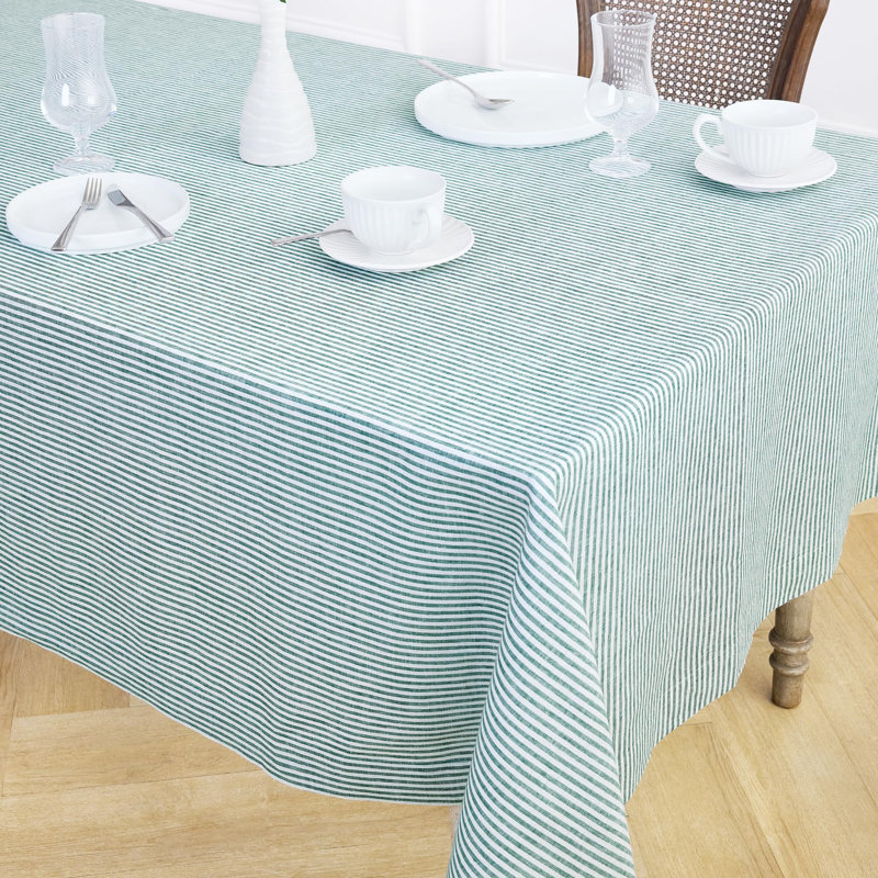 100% Pure Linen Tablecloth, Natural/White, 108" L x 60" W, Narrow Stripe