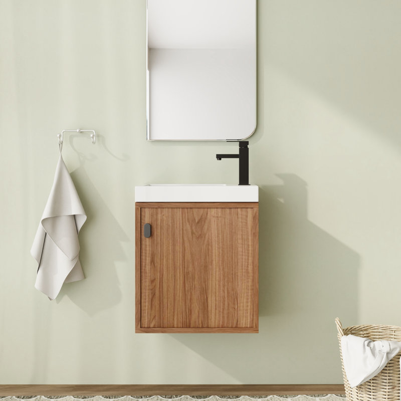Meuble-lavabo flottant mural 18,5 po avec plateau en résine et porte à fermeture en douceur, Walnut