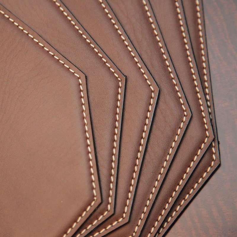 Brown Faux Leather Cut Corner Placemat with White Stitching