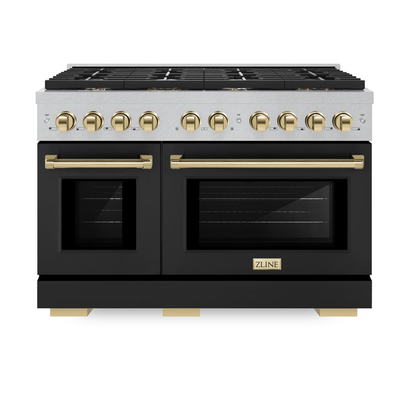 ZLINE Autograph DuraSnow® 48 in. Gas Range w/ Black Matte Doors and Bronze Accents, Polished Gold