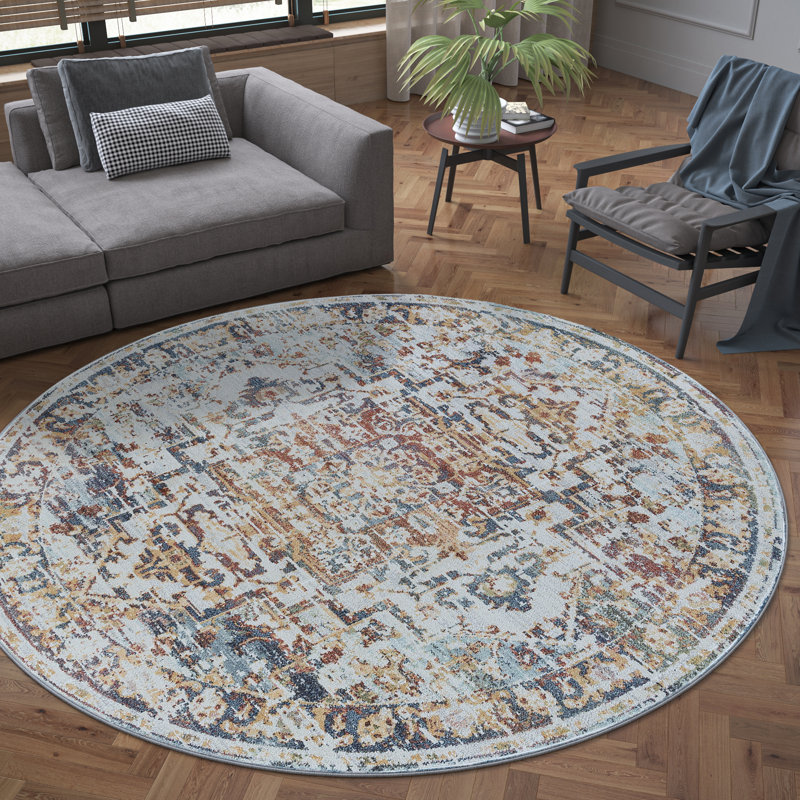 Tapis beige / bleu marine Fabrizzio, Rond 7 pi 10 po
