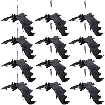 Halloween Hanging Bats, Rubber Bats, Realistic Looking Spooky Bats, Flying Bats Halloween Decoration, 12 Pack