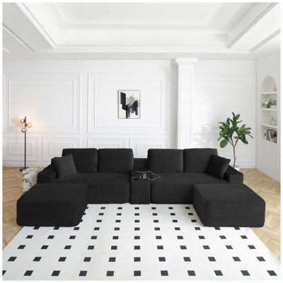 Canapé modulaire surdimensionné de 150 po avec ports USB et porte-gobelets, ensemble de 5 pièces en forme de L en velours côtelé pour salon