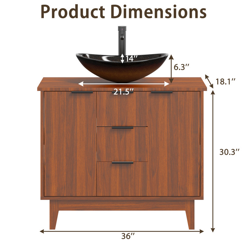 Meuble-lavabo rustique de 36 po avec lavabo, armoire autoportante avec 3 tiroirs, 2 portes et vasque en verre trempé pour bateau, tablette réglable avec robinet et bonde escamotable incluse