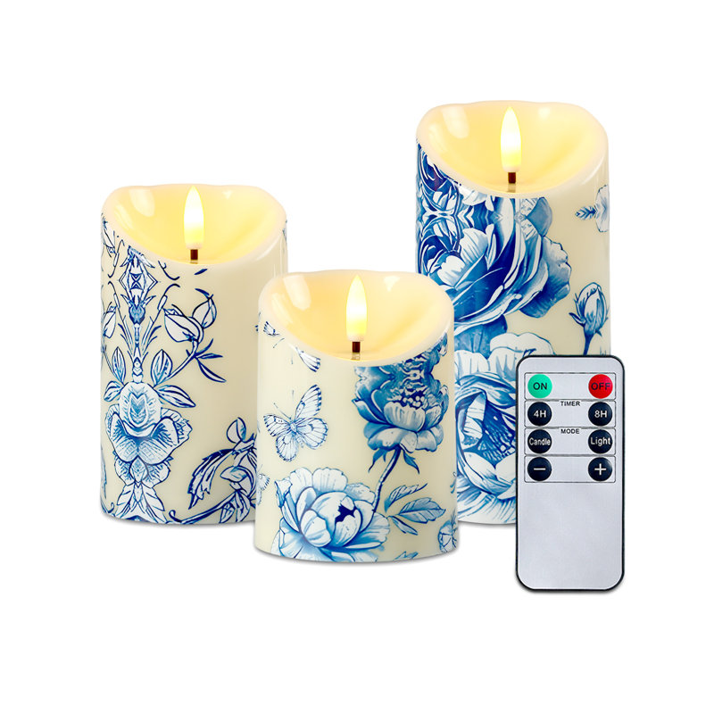 Paquet de 3 bougies DEL sans flamme en porcelaine bleue (S / M / L) - Télécommande, flamme réaliste, multifonctionnelle pour toute occasion