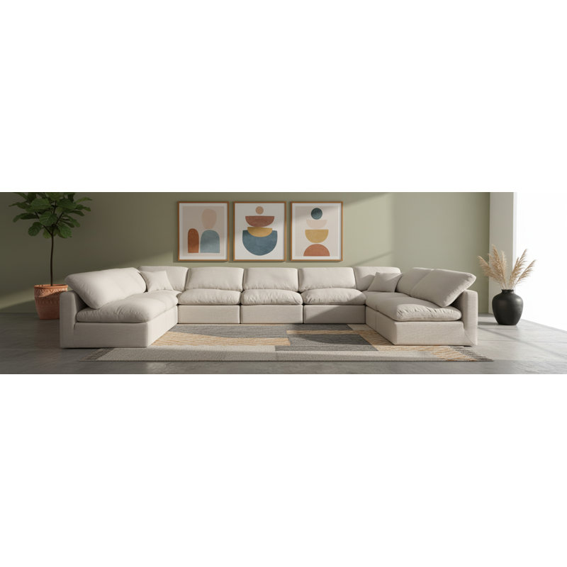 Grand canapé modulaire rembourré 7 pièces Itala, Tissu beige texturé en lin