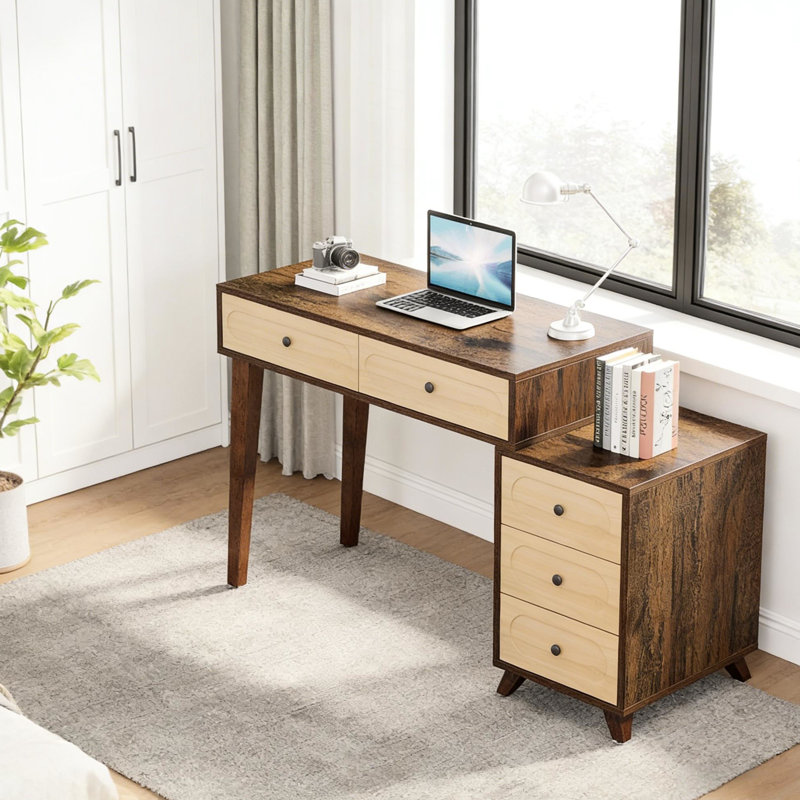 Table d'écriture de style rétro, 5 tiroirs pour ranger vos outils de travail, espace de travail confortable, taille réglable et pieds en bois massif, bois d'ingénierie brun rustique, bureau de 39,37 po x 17,72 po, 17,98 po