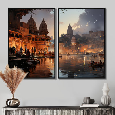 Art indien indien beige et gris, Ghats Of - ensemble de 2 art mural indien