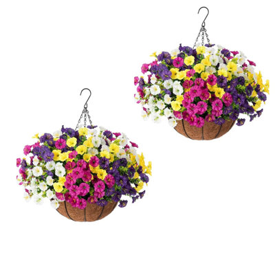 2 paniers de fleurs artificielles à suspendre pour 2 décorations de printemps, 24 pièces de fausse gloire du matin résistantes aux rayons UV avec 2 jardinières suspendues fleurs en soie réalistes pour l'extérieur