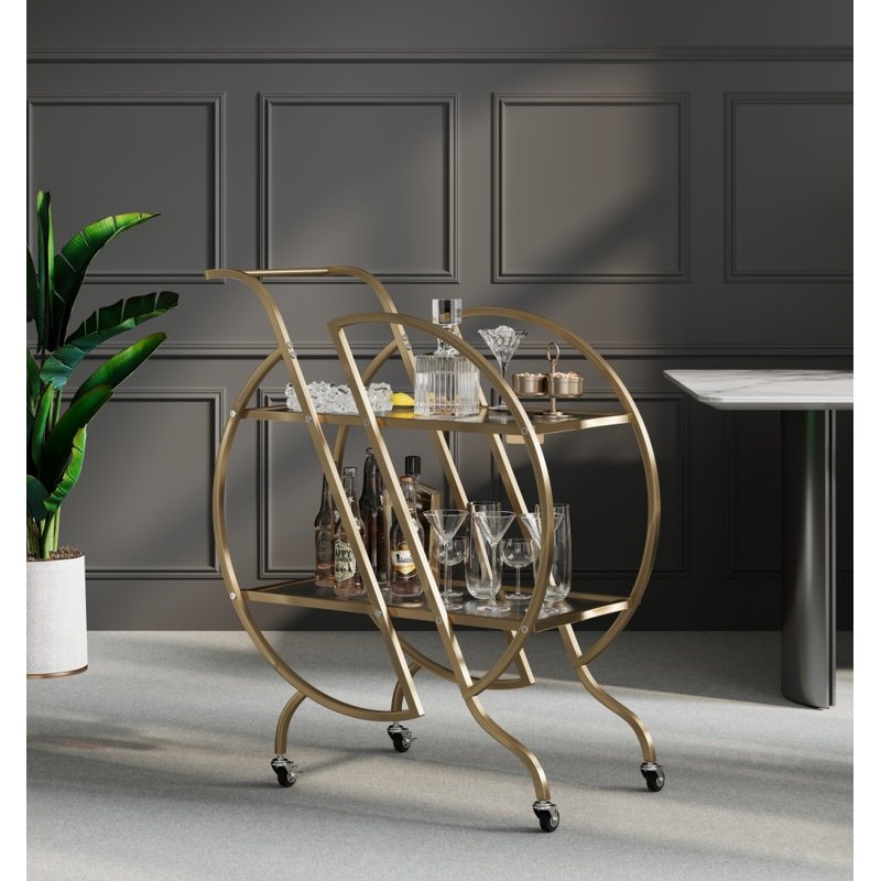 Chariot-bar roulant à 2 niveaux avec tablettes en miroir et roues verrouillables