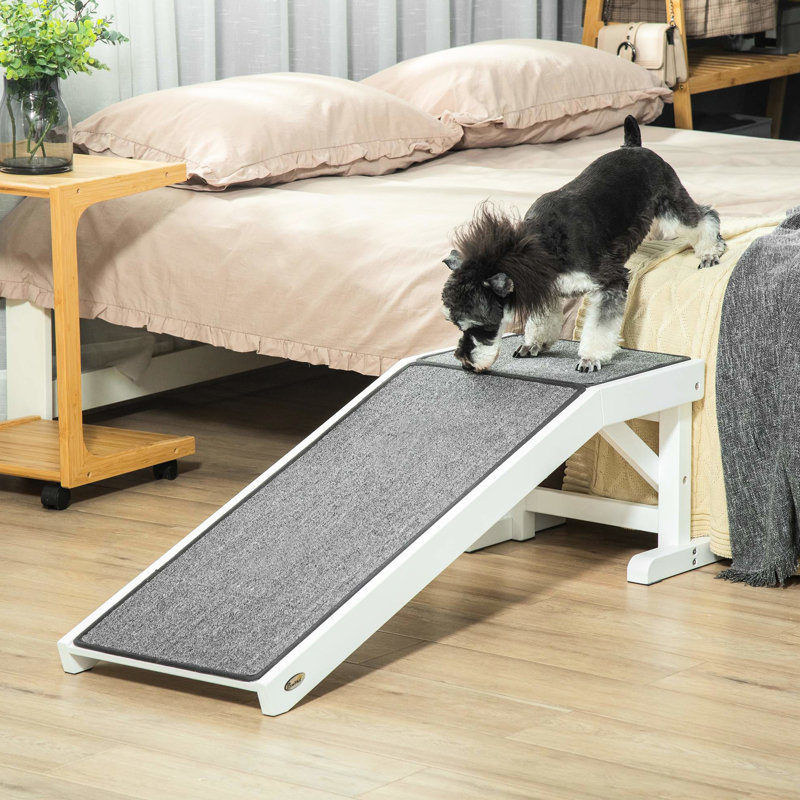 49" X 16" 14" Pet Climb Ease Ramp, White. Slip. Solid Wood. Makes Climbing More Comfortable Ramp For Small Dogs, 47.82" 16.02" 14", White - Slip, Wood