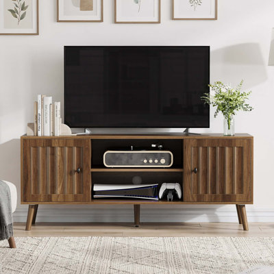 Meuble télé Mid-Century moderne avec gestion des câbles et rangement réglable