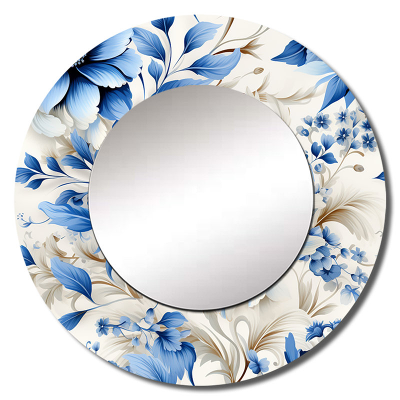 Intricate Cobalt Lace Victorian Pattern - Floral Large Wall Mirror, Blue Unique Mirror, Printed Metal Art, 29" x 29", Round