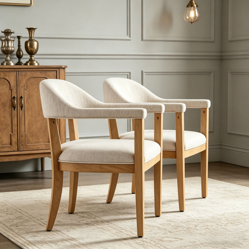 Ensemble de chaises de salle à manger avec accoudoirs avec cadre en bois, Beige, naturel
