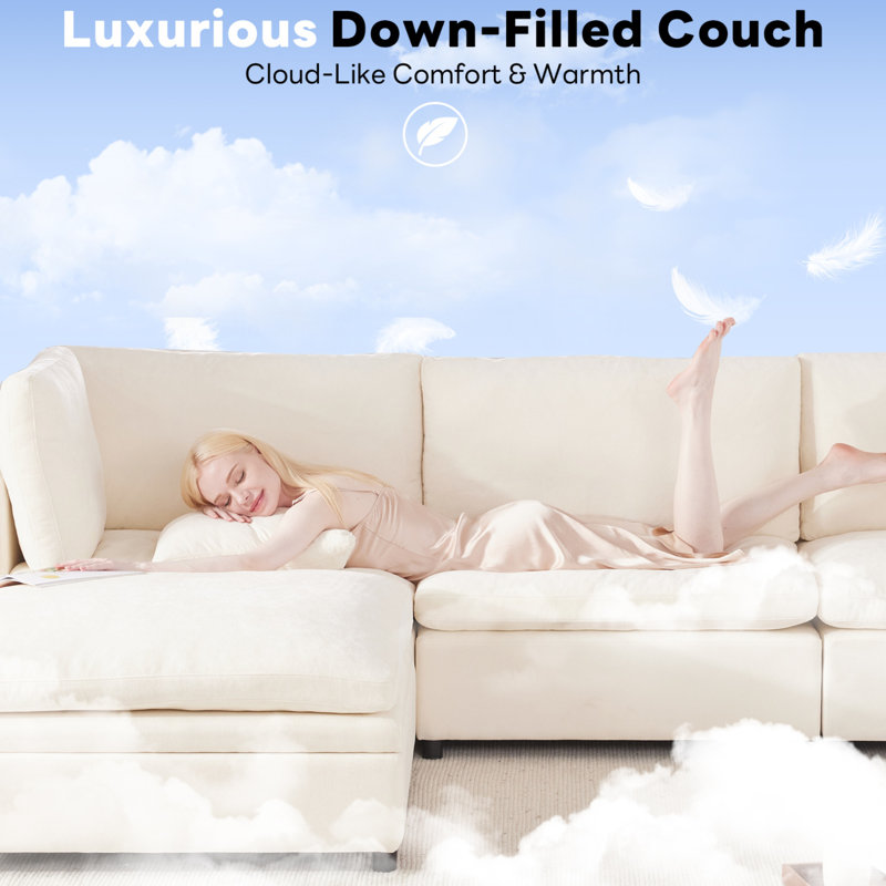 118.5” Oversized Cloud Modular Sectional Down Filled 6-Seater Sofa With Storage Ottomans, Beige