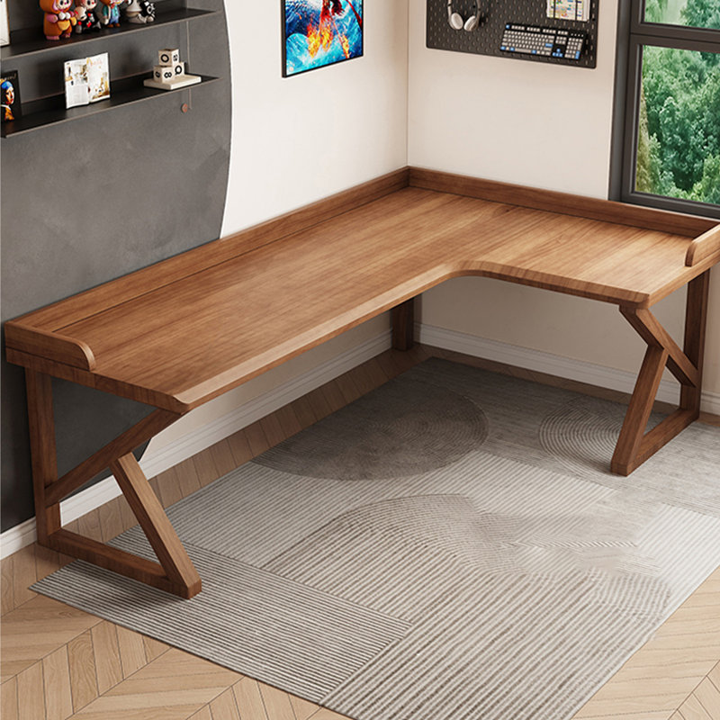 Bureau d'écriture en L en bois massif brun noisette, H 29,53 po x l 86,61 po x P 47,24 po