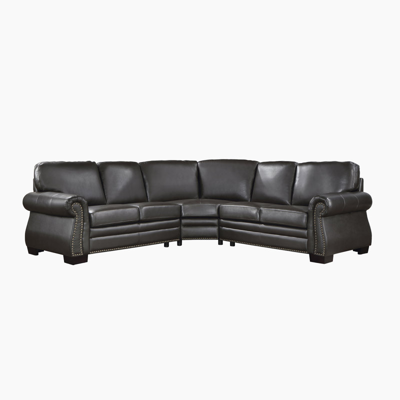 88" W 3-Piece Top-Grain Leather Sectional with Nailhead Trim