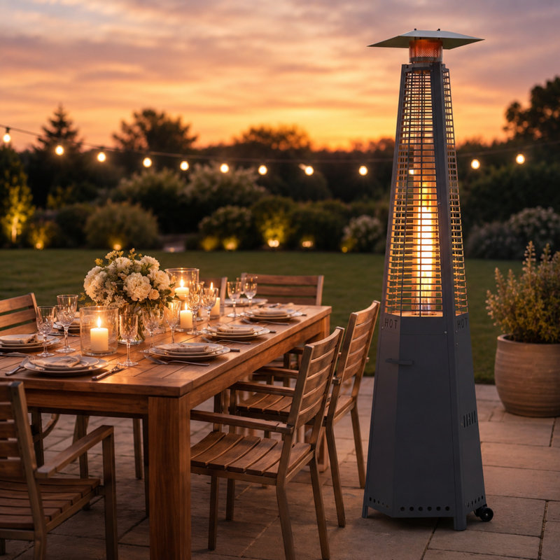 Chauffage de terrasse extérieur sur pied, pyramidal, au propane, 48 000 BTU, avec flamme en verre de quartz.