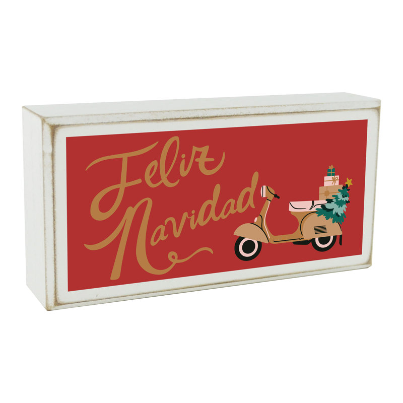 Feliz Navidad Festive Scooter Christmas - Print On Wooden Block Sign