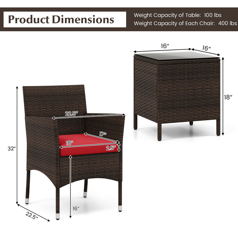  3 PCS Outdoor Conversation Set w/ Cushioned Seat & Tempered Glass Tabletop, Red