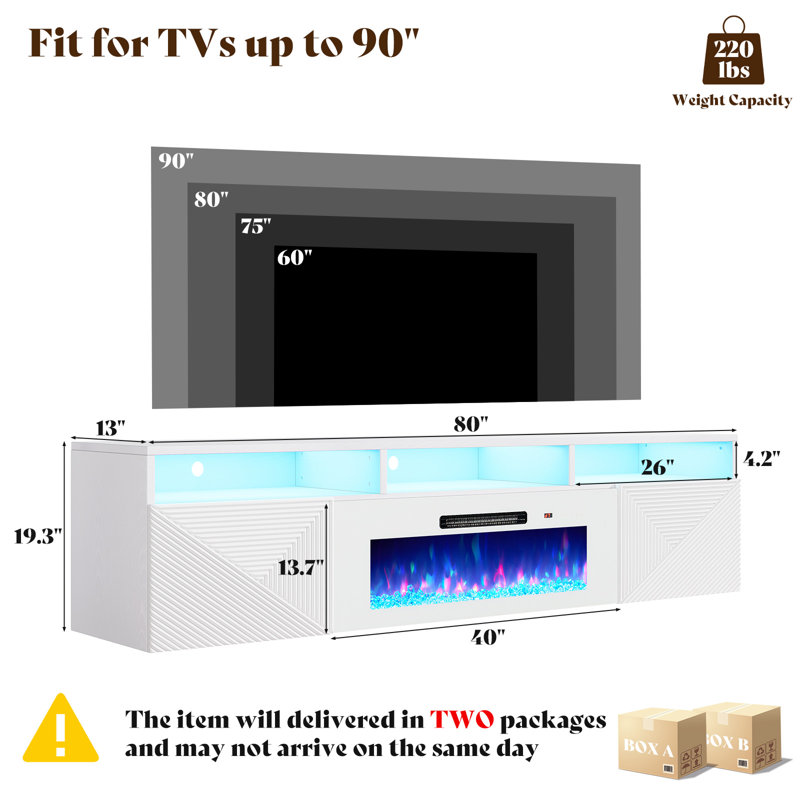 Bhhatu Modern Floating 80" Fireplace TV Stand with Storage & High Gloss Geometric Doors, White, White, 80"