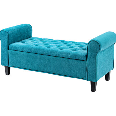 50" Storage Bench In Teal. Upholstered With Soft Velvet, Button . Rolled Arms, Wood Legs. For Bedroom, Living Room & Entryway. Hidden Storage. 264 Lbs Static Weight Capacity. Assembly Required For
