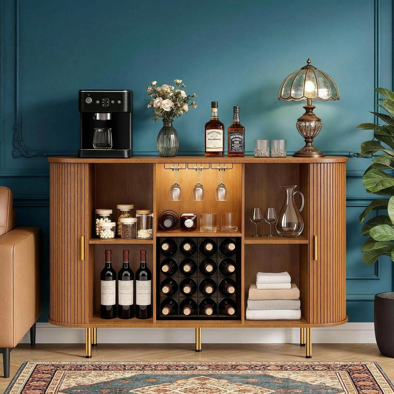 Mid-Century Wine Coffee Bar Cabinet, Adjustable Wine Rack  & Wine Glass Holder, Brown