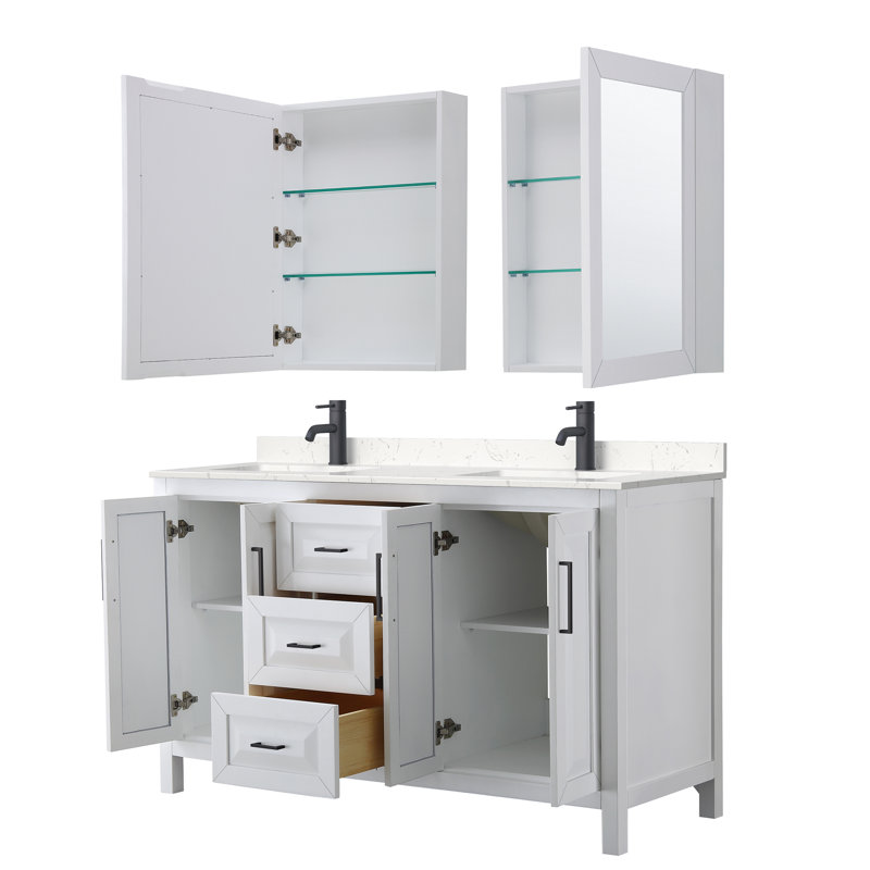 Daria 60'' Double Bathroom Vanity with Carrara Marble Top, White, Matte Black