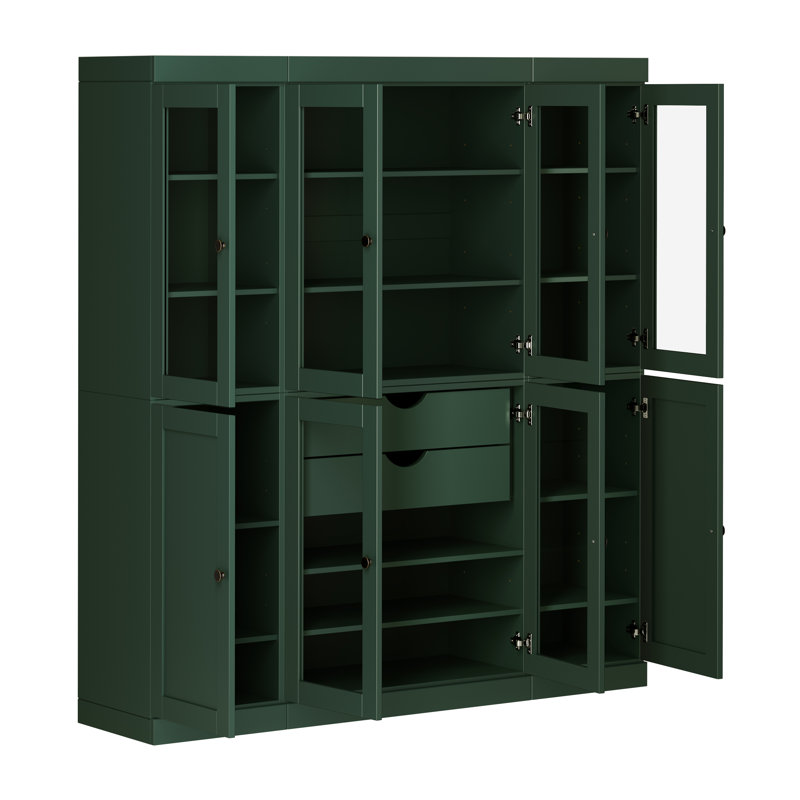 Vaisselier 100% bois massif 65 po avec verre transparent, portes Shaker, 2 tiroirs et tablettes réglables, Vert