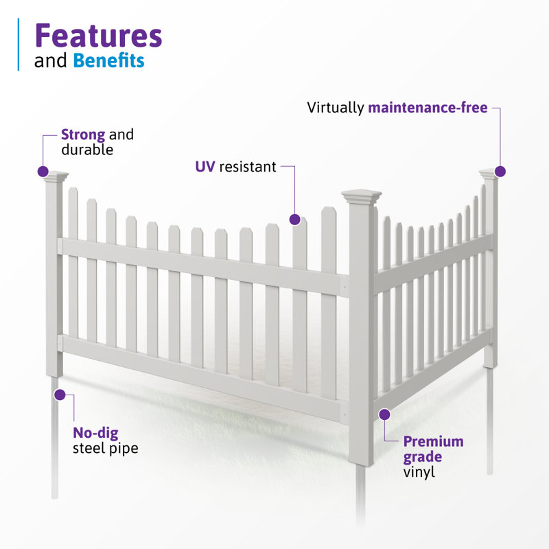 H 3,5 pi x l 6 pi (1 panneau + 1 poteau), trousse de clôture sans feston WamBam All American, clôture en vinyle blanc, clôture extérieure facile à installer pour la cour ou le patio, clôture décorative bricolage, ZP19041